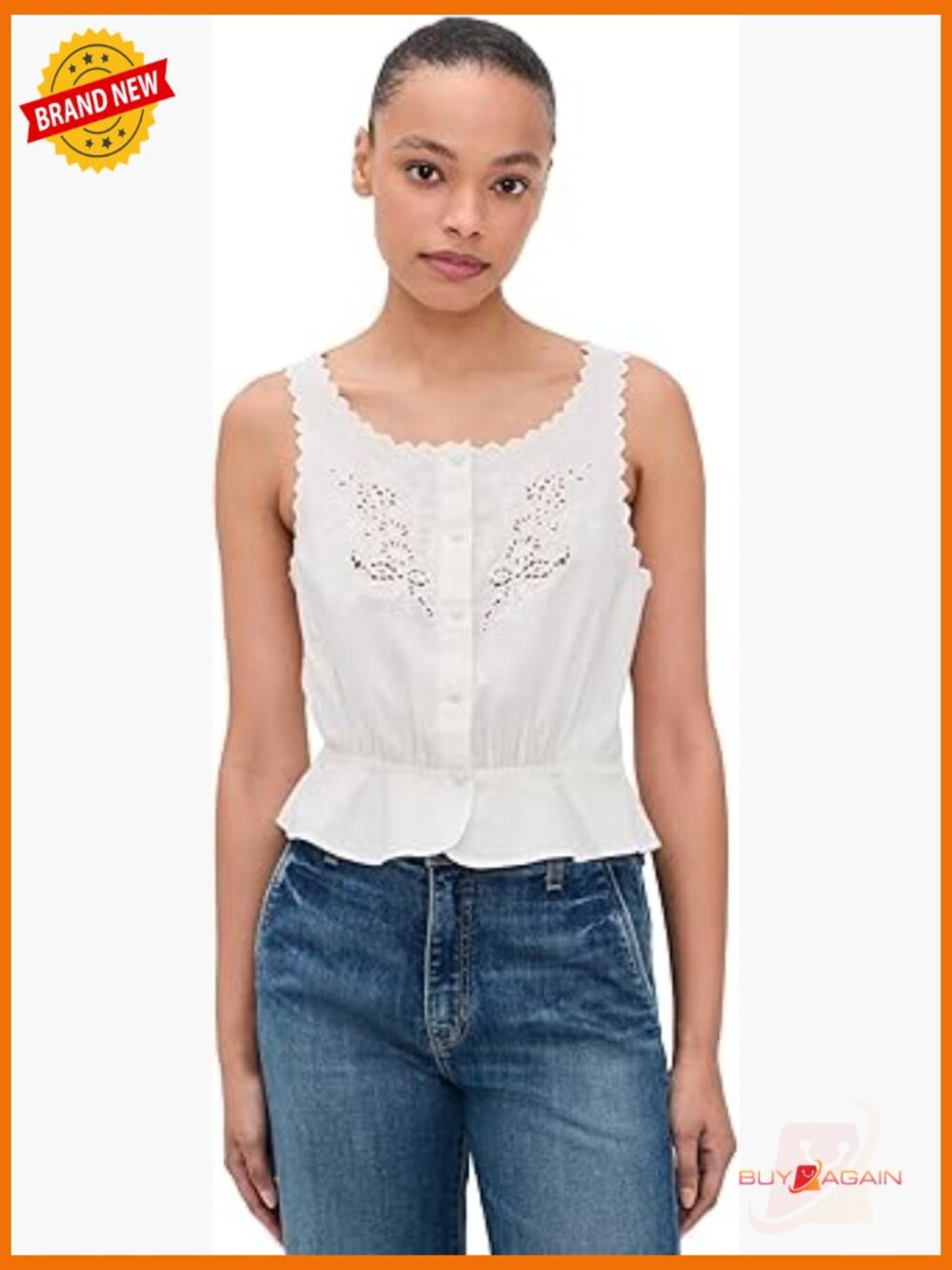 Vintage White Cotton Tank Blouse High Neck Button Placket Regular Fit